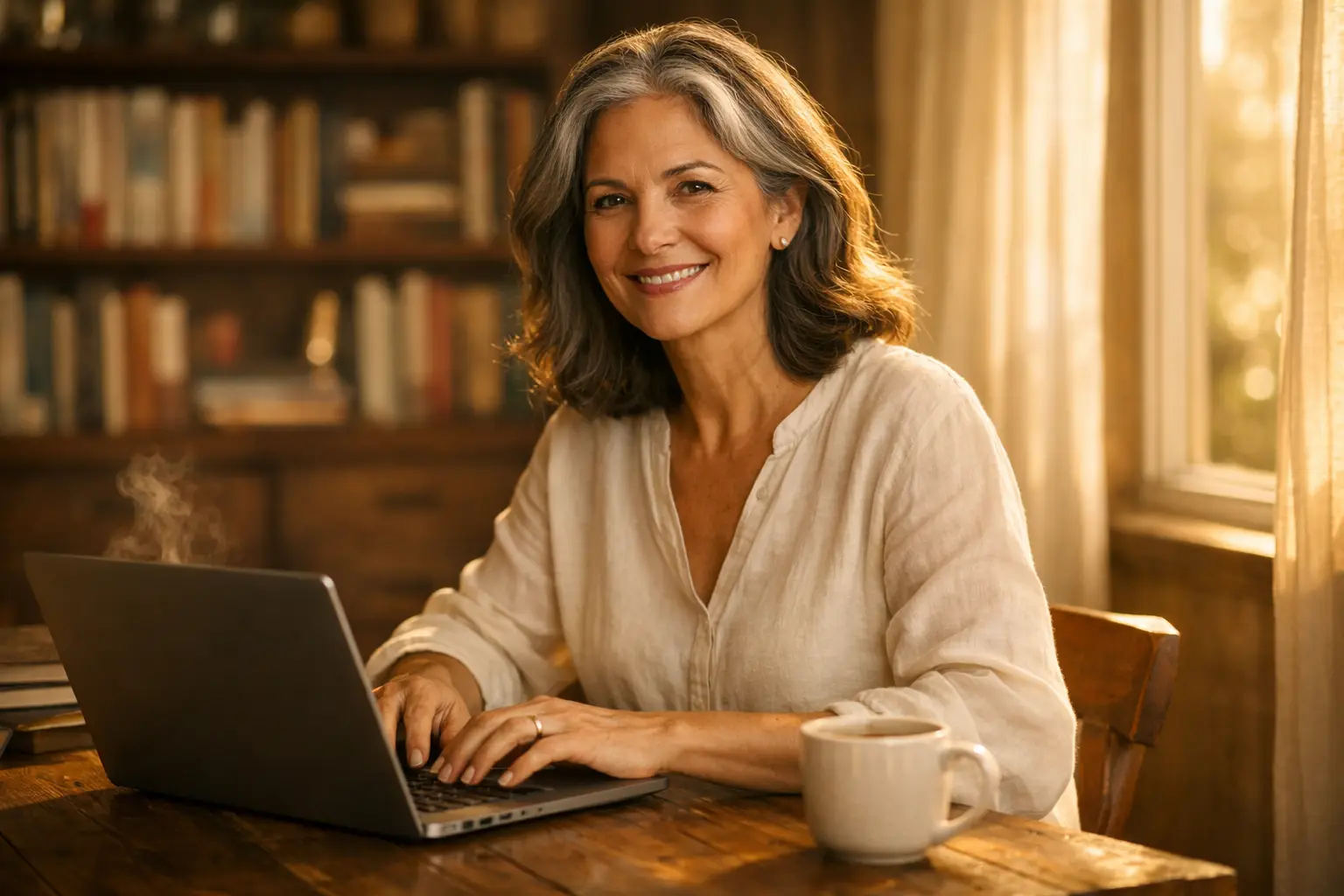 Confident midlife woman writing a self-help book on a laptop in a cozy home office setting, 314 Prompts for Profound Midlife Self-Help Books